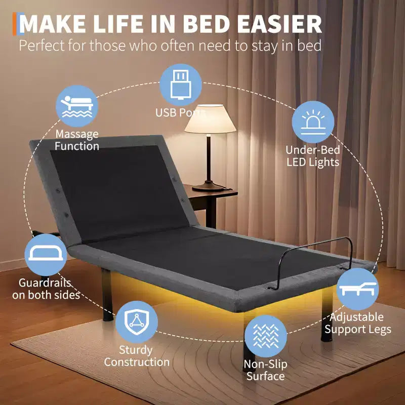 Telaio Letto Regolabile, Rete Elettrica con Massaggio, Inclinazione Testa e Piedi, Telecomando Wireless, 2 Porte USB Integrate, Luce Notturna a LED