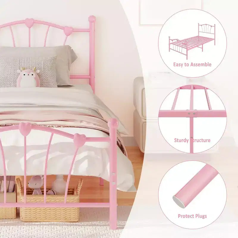 Struttura per letto singolo
Struttura del letto in metallo a forma di cuore con testiera/pediera e spazio di archiviazione sotto il letto
Non è necessaria la rete a molle