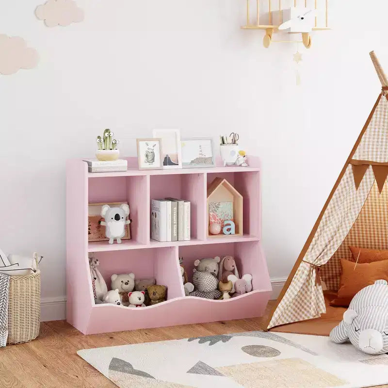 Libreria e Organizer Giocattoli a 2 Ripiani per Bambini - Mobile Contenitore in Legno per Sala Giochi, Cameretta, Stanza da Letto (Scaffale per Libri e Giocattoli per Bambini)