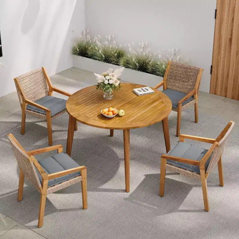 Christopher Knight Home Neva Set da Pranzo da Esterno 5 Pezzi con Tavolo in Legno di Acacia e Sedie in Vimini
