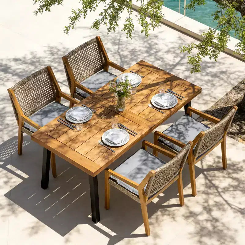 Set da pranzo da esterno Christopher Knight Home Neva, 5 pezzi, industriale, in legno di acacia e vimini, con cuscini