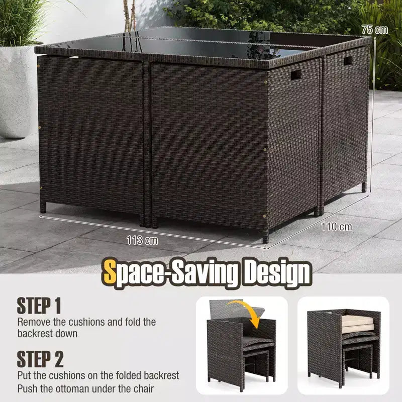 Costway Ensemble de salle à manger de patio 9 pièces avec table en verre trempé et coussins amovibles de pouf blanc cassé/beige