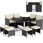Costway Ensemble de salle à manger de patio 9 pièces avec table en verre trempé et coussins amovibles de pouf blanc cassé/beige
