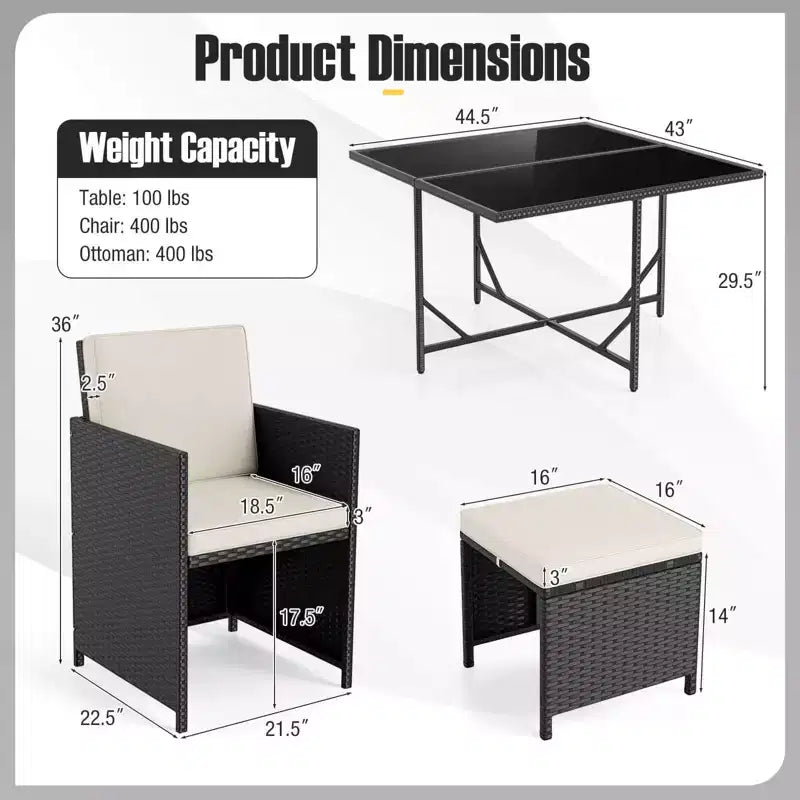 Costway Ensemble de salle à manger de patio 9 pièces avec table en verre trempé et coussins amovibles de pouf blanc cassé/beige