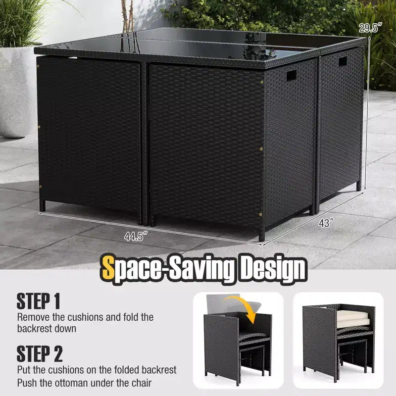 Costway Ensemble de salle à manger de patio 9 pièces avec table en verre trempé et coussins amovibles de pouf blanc cassé/beige
