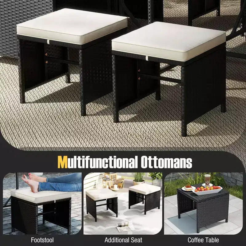 Costway Ensemble de salle à manger de patio 9 pièces avec table en verre trempé et coussins amovibles de pouf blanc cassé/beige