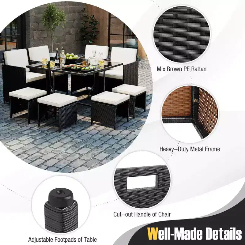 Costway Ensemble de salle à manger de patio 9 pièces avec table en verre trempé et coussins amovibles de pouf blanc cassé/beige