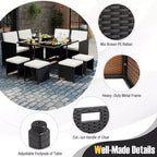Costway Ensemble de salle à manger de patio 9 pièces avec table en verre trempé et coussins amovibles de pouf blanc cassé/beige