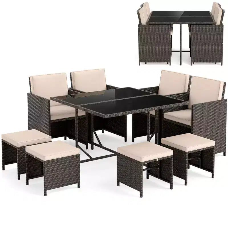 Costway Ensemble de salle à manger de patio 9 pièces avec table en verre trempé et coussins amovibles de pouf blanc cassé/beige