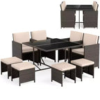 Costway Ensemble de salle à manger de patio 9 pièces avec table en verre trempé et coussins amovibles de pouf blanc cassé/beige