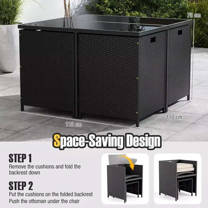 Costway Ensemble de salle à manger de patio 9 pièces avec table en verre trempé et coussins amovibles de pouf blanc cassé/beige
