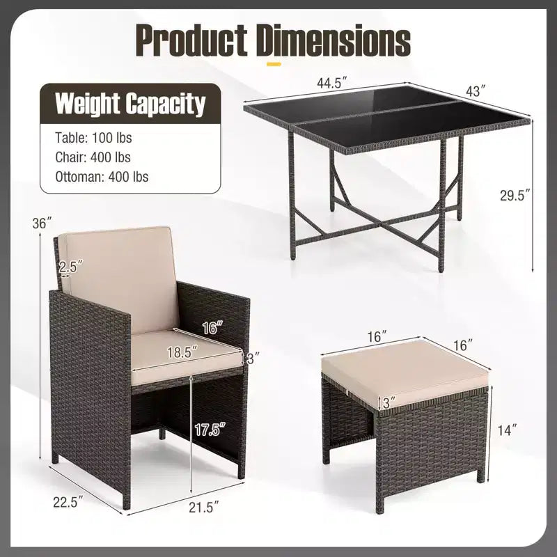 Costway Ensemble de salle à manger de patio 9 pièces avec table en verre trempé et coussins amovibles de pouf blanc cassé/beige