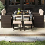 Costway Ensemble de salle à manger de patio 9 pièces avec table en verre trempé et coussins amovibles de pouf blanc cassé/beige