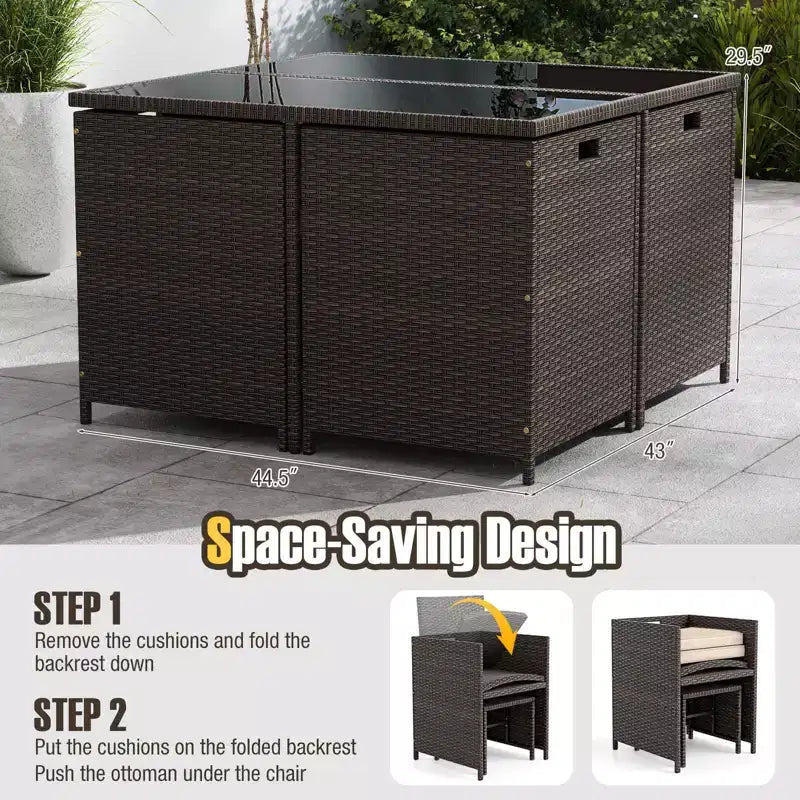 Costway Ensemble de salle à manger de patio 9 pièces avec table en verre trempé et coussins amovibles de pouf blanc cassé/beige