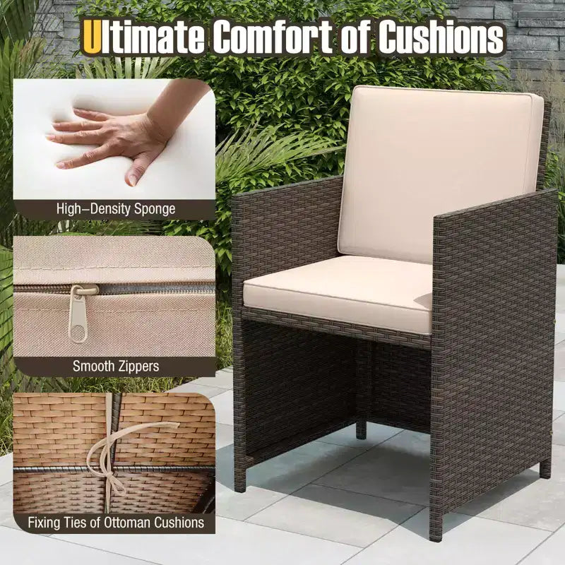 Costway Ensemble de salle à manger de patio 9 pièces avec table en verre trempé et coussins amovibles de pouf blanc cassé/beige