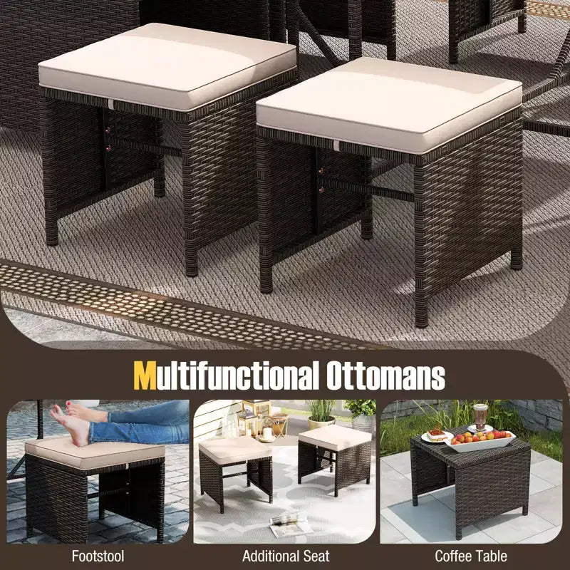 Costway Ensemble de salle à manger de patio 9 pièces avec table en verre trempé et coussins amovibles de pouf blanc cassé/beige