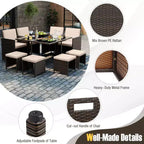 Costway Ensemble de salle à manger de patio 9 pièces avec table en verre trempé et coussins amovibles de pouf blanc cassé/beige