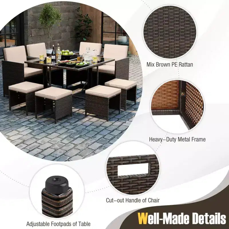 Costway Ensemble de salle à manger de patio 9 pièces avec table en verre trempé et coussins amovibles de pouf blanc cassé/beige