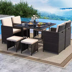 Costway 9 PCS Patio Dining Set with Tempered Glass Table & Ottoman Removable Cushions off-White/Beige
