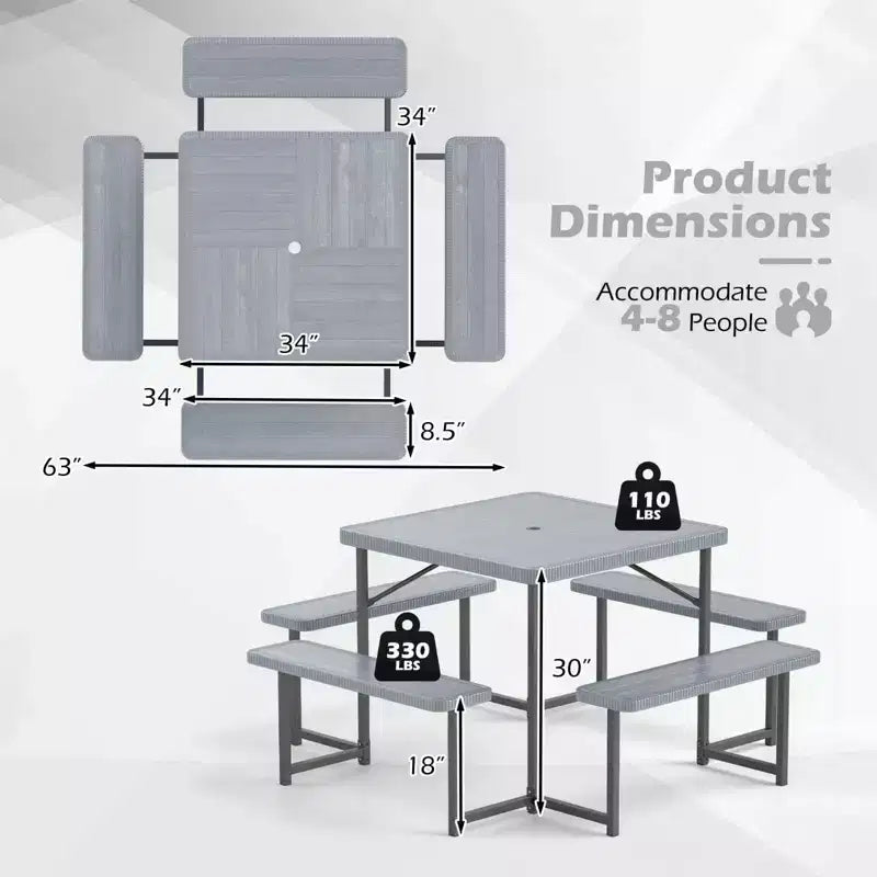 Tavolo da Picnic Costway con Panca per 4-8 Persone con Foro per Ombrellone, Piano in HDPE per Tutte le Stagioni Nero/Grigio/Verde/Bianco