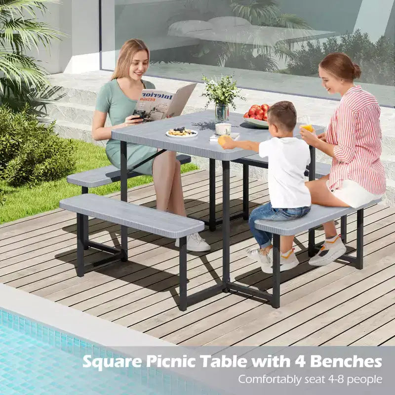 Tavolo da Picnic Costway con Panca per 4-8 Persone con Foro per Ombrellone, Piano in HDPE per Tutte le Stagioni Nero/Grigio/Verde/Bianco