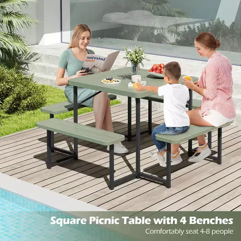 Tavolo da Picnic Costway con Panca per 4-8 Persone con Foro per Ombrellone, Piano in HDPE per Tutte le Stagioni Nero/Grigio/Verde/Bianco