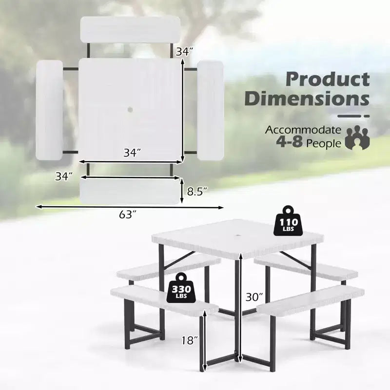 Tavolo da Picnic Costway con Panca per 4-8 Persone con Foro per Ombrellone, Piano in HDPE per Tutte le Stagioni Nero/Grigio/Verde/Bianco