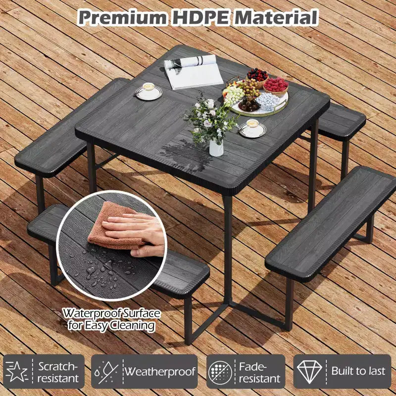 Tavolo da Picnic Costway con Panca per 4-8 Persone con Foro per Ombrellone, Piano in HDPE per Tutte le Stagioni Nero/Grigio/Verde/Bianco