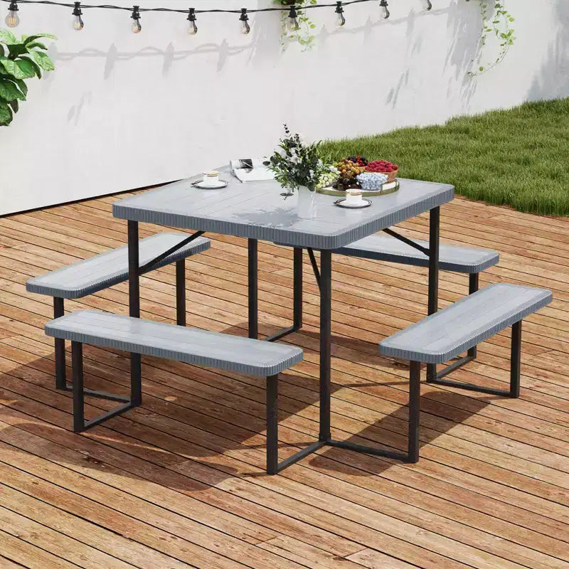 Costway Ensemble table de pique-nique et banc pour 4-8 personnes avec trou pour parasol Plateau en HDPE résistant aux intempéries Noir/Gris/Vert/Blanc