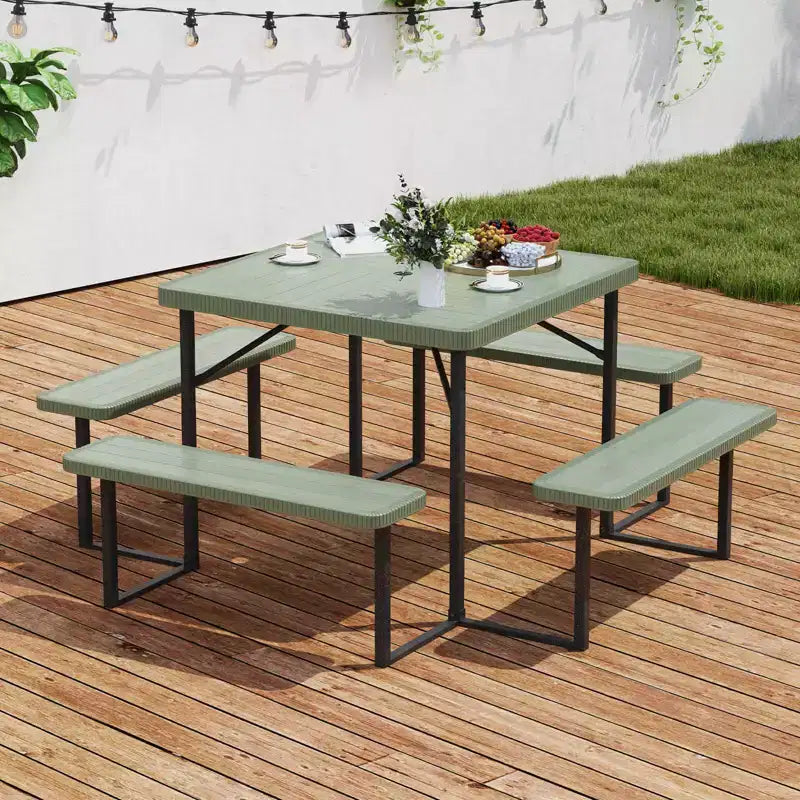 Costway Ensemble table de pique-nique et banc pour 4-8 personnes avec trou pour parasol Plateau en HDPE résistant aux intempéries Noir/Gris/Vert/Blanc