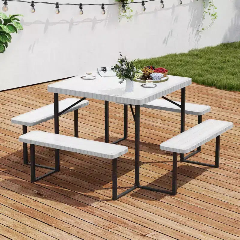 Costway Ensemble table de pique-nique et banc pour 4-8 personnes avec trou pour parasol Plateau en HDPE résistant aux intempéries Noir/Gris/Vert/Blanc
