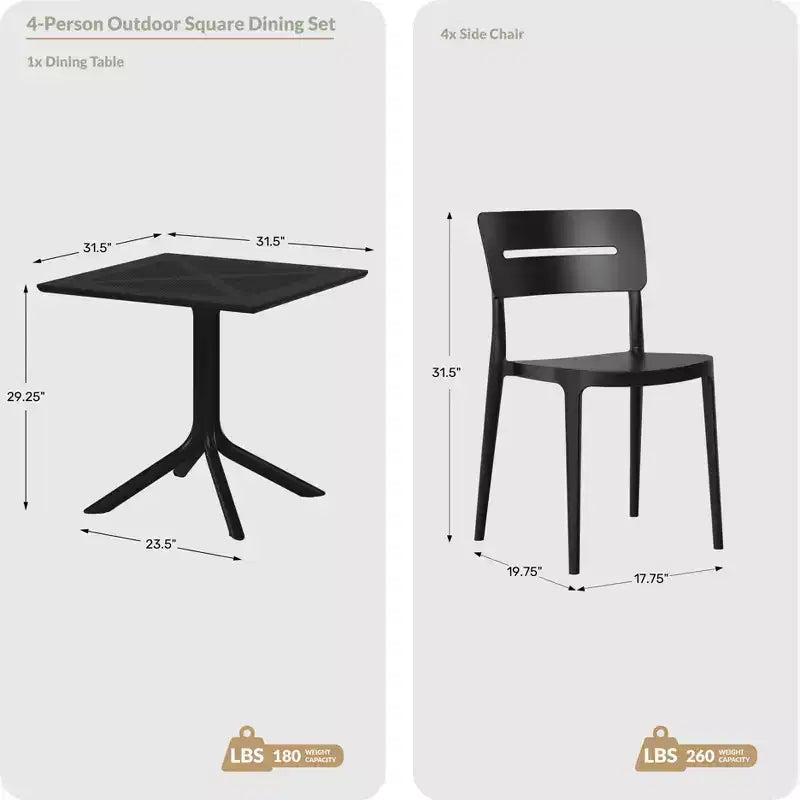 WestinTrends Playa Moderno Set da Pranzo da Esterno in Resina a 5 Pezzi con Tavolo e Sedie Impilabili, Nero