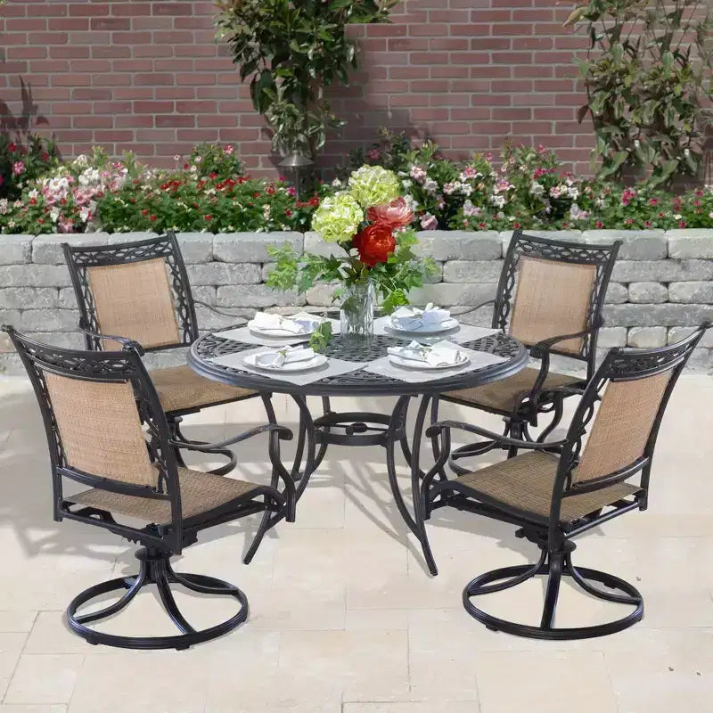 CLIHOME Ensemble de salle à manger d'extérieur 5 pièces en aluminium avec 4 chaises pivotantes à 360° et 1 table ronde tressée de 48 pouces avec trou pour parasol