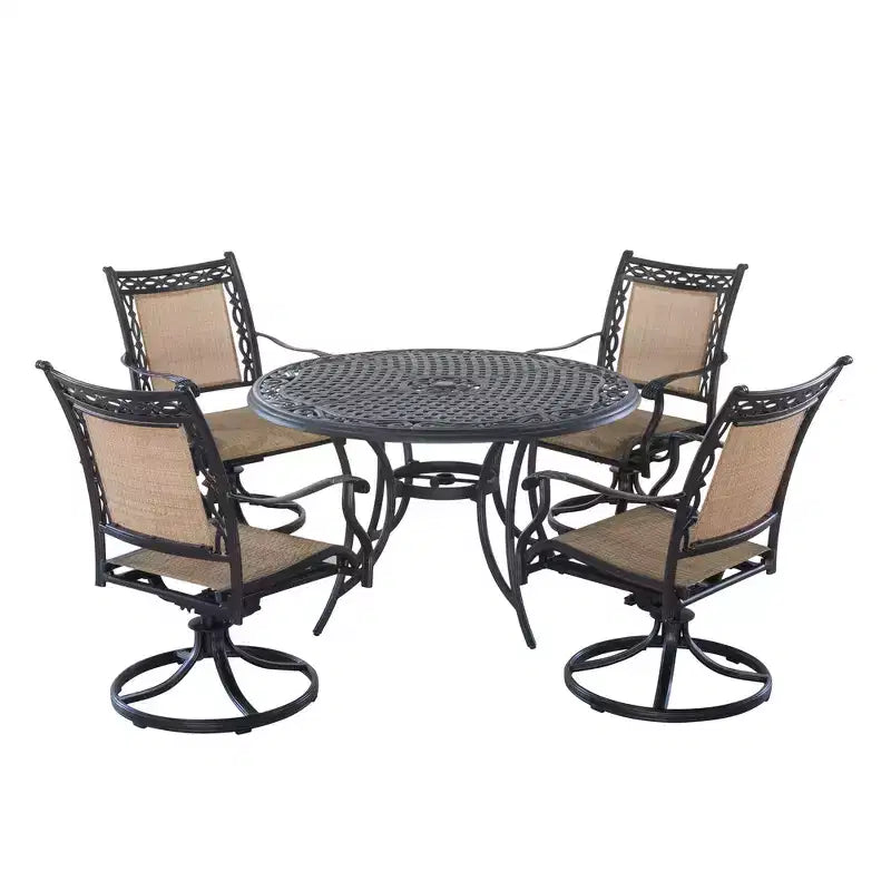 CLIHOME Ensemble de salle à manger d'extérieur 5 pièces en aluminium avec 4 chaises pivotantes à 360° et 1 table ronde tressée de 48 pouces avec trou pour parasol