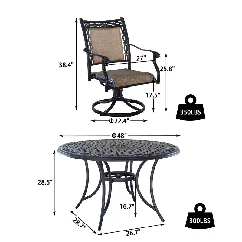 CLIHOME Ensemble de salle à manger d'extérieur 5 pièces en aluminium avec 4 chaises pivotantes à 360° et 1 table ronde tressée de 48 pouces avec trou pour parasol