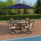 CLIHOME Set da pranzo da esterno in alluminio da 5 pezzi con 4 sedie girevoli a 360° e 1 tavolo rotondo da 48" con piastrelle in ceramica e foro per ombrellone