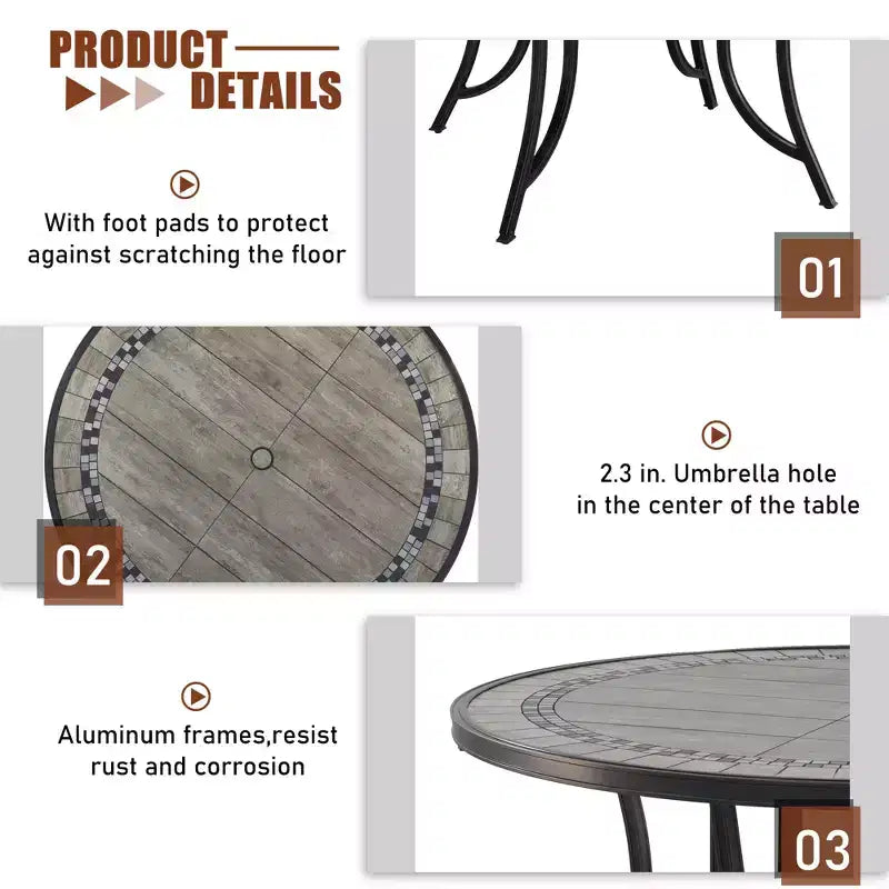 CLIHOME Set da pranzo da esterno in alluminio da 5 pezzi con 4 sedie girevoli a 360° e 1 tavolo rotondo da 48" con piastrelle in ceramica e foro per ombrellone