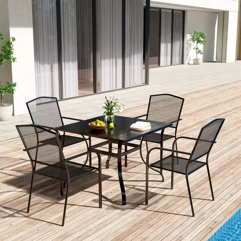 CLIHOME Set da pranzo da esterno 5 pezzi, con tavolo quadrato con foro per ombrellone e sedie in rete Set da patio