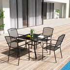 CLIHOME Set da pranzo da esterno 5 pezzi, con tavolo quadrato con foro per ombrellone e sedie in rete Set da patio