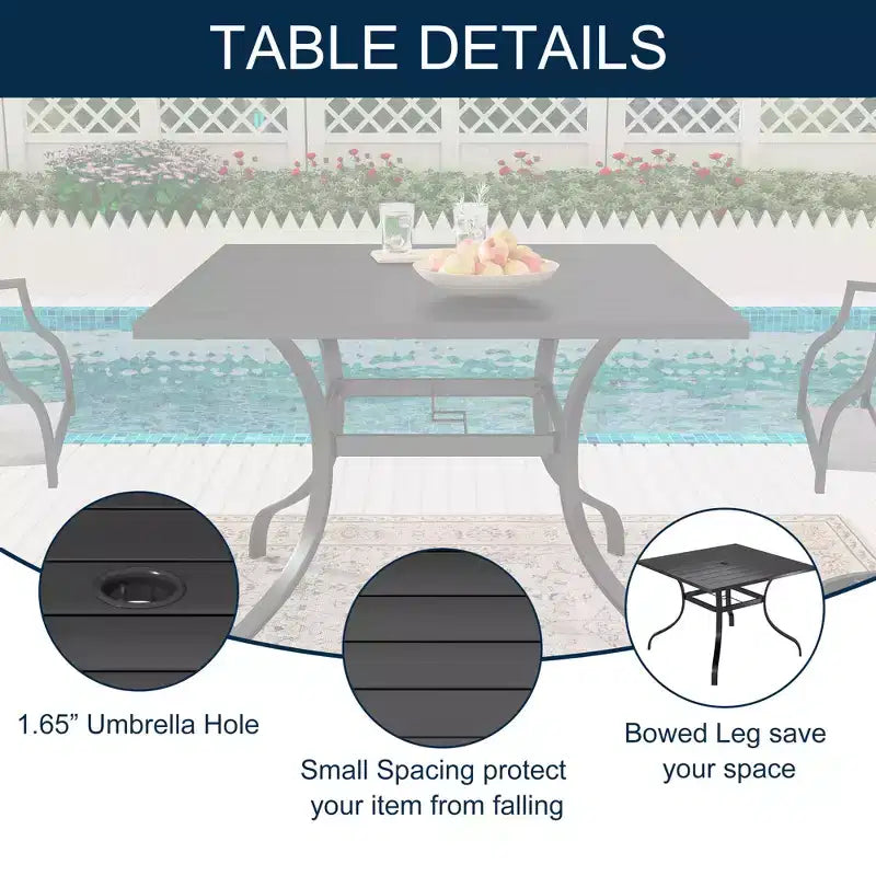 CLIHOME Set da pranzo da esterno 5 pezzi, con tavolo quadrato con foro per ombrellone e sedie in rete Set da patio