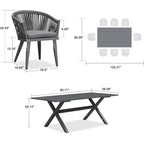 Set da pranzo per esterni PURPLE LEAF con tavolo da pranzo in alluminio per patio e sedie in vimini e rattan, mobili moderni con cuscini per il cortile