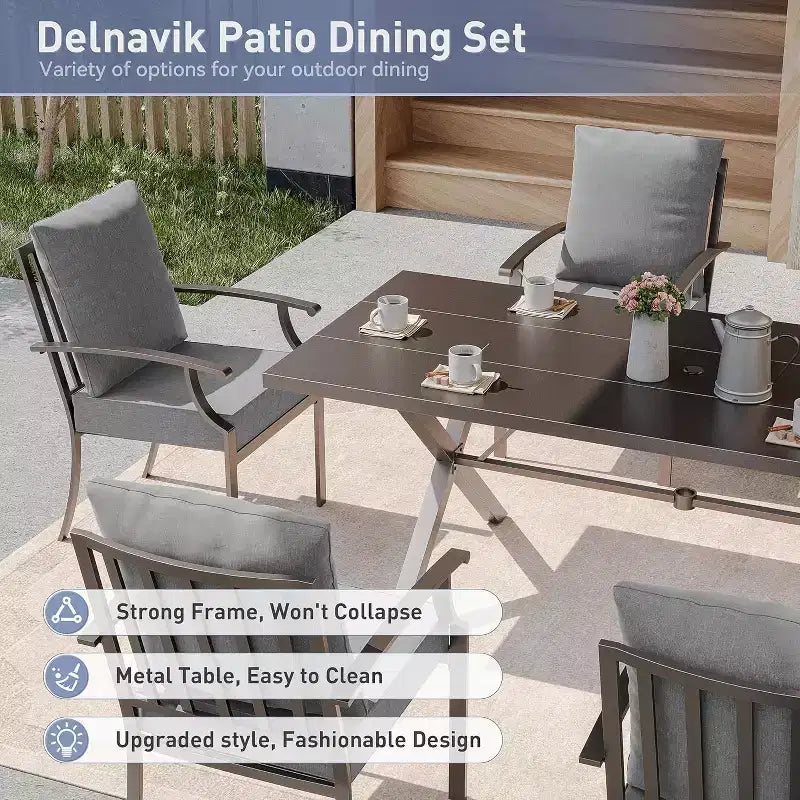ALAULM Set da Pranzo da Esterno a 7 Pezzi, Set di Mobili da Giardino in Metallo con 6 Sedie Fisse e Tavolo Grande