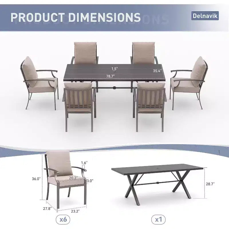 ALAULM Set da Pranzo da Esterno a 7 Pezzi, Set di Mobili da Giardino in Metallo con 6 Sedie Fisse e Tavolo Grande