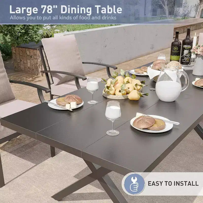 ALAULM Set da Pranzo da Esterno a 7 Pezzi, Set di Mobili da Giardino in Metallo con 6 Sedie Fisse e Tavolo Grande