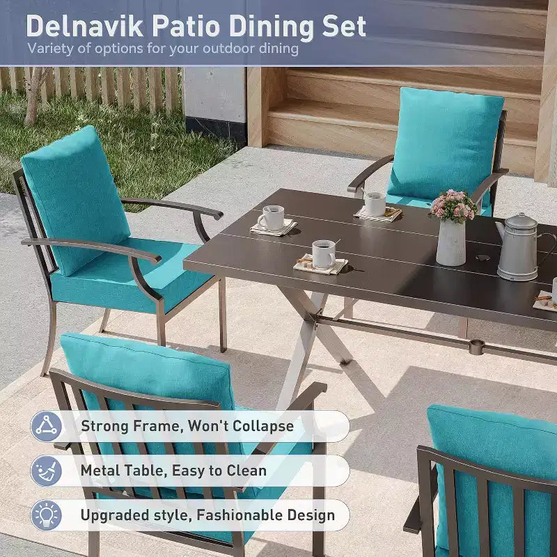 ALAULM Set da Pranzo da Esterno a 7 Pezzi, Set di Mobili da Giardino in Metallo con 6 Sedie Fisse e Tavolo Grande