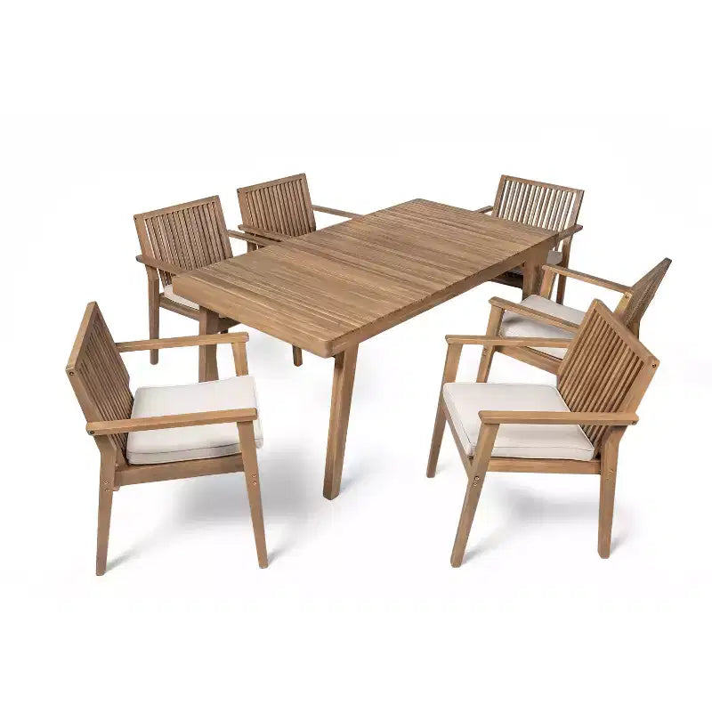 Ensemble de salle à manger d'extérieur en bois d'acacia Christopher Knight Home Caitlyn Rustic 7 pièces avec coussins