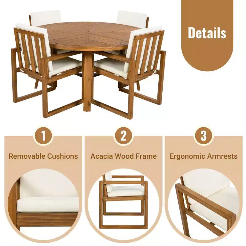 ModernLuxe Set da Pranzo per Esterni da 5 Pezzi, Mobili da Giardino con 4 Poltrone e 1 Tavolo per Giardino, Balcone, Cortile, Telaio in Legno di Acacia, Beige+Naturale