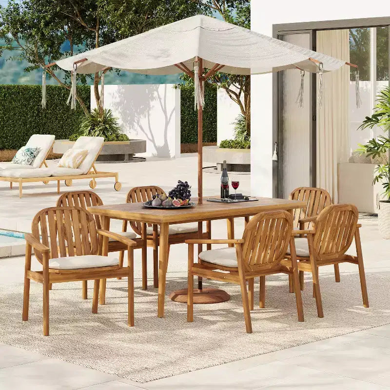 Christopher Knight Home Kennen, set da pranzo da esterno in legno di acacia rustico, 7 pezzi, con cuscini