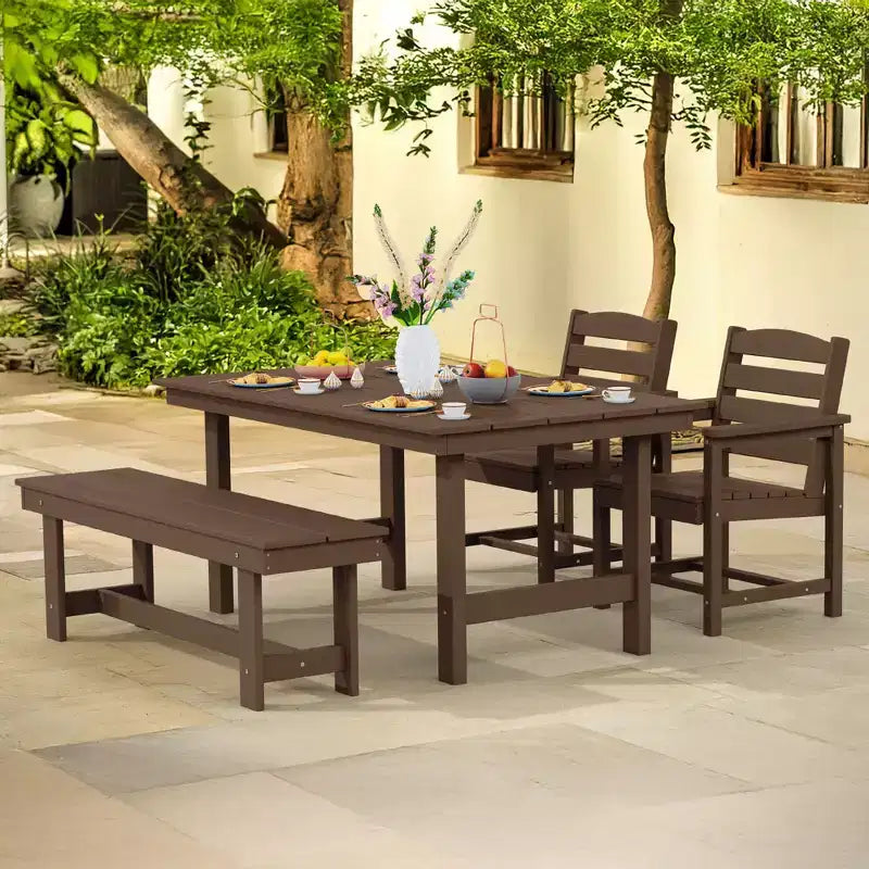 Hyleory Set da Pranzo per Esterni in HDPE Riciclato 4 Pezzi - Tavolo Rettangolare e Foro per Ombrellone, Panca da Pranzo per Esterni, 2 Poltrone da Esterni