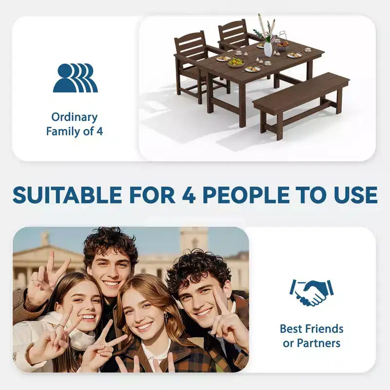 Hyleory Set da Pranzo per Esterni in HDPE Riciclato 4 Pezzi - Tavolo Rettangolare e Foro per Ombrellone, Panca da Pranzo per Esterni, 2 Poltrone da Esterni